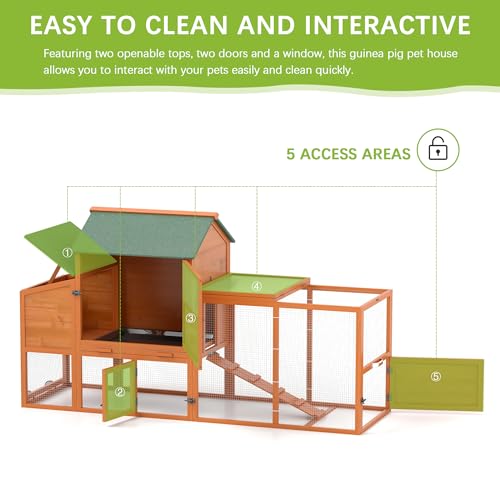 COZIWOW 82" Large Wooden Chicken Coop Mobile Rabbit Hutch with Wheel,Orange | Weatherproof asphalt roof & sunshine board, Anti-slip ramp, Pull-out tray, Hen house with 5 openable doors, Indoor Bunny Cage - color: Orange with Pattern