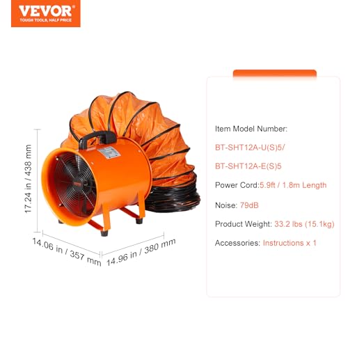 VEVOR Air Mover Blower Fan 12 in, 3198CFM 585W, Portable Ventilator, Orange | Heavy Duty Cylinder Fan with 16.4ft Flexible Duct, Industrial Exhaust Utility Blower, for Sucking Dust, Smoke, Home/Workplace - size: 12in-16ft