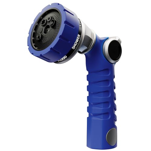 RESTMO Heavy Duty Hose Nozzle, Metal Garden Water Hose Sprayer | 7 Watering Patterns, Easy Thumb Control, On Off Valve, Leak Proof Nozzle Sprayer for Watering Plants, Washing Car & Pet - color: Blue