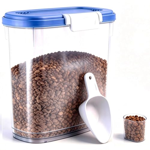 10-15 Lbs Dog Cat Pet Food Storage Container Airtight, Slim Dry Food Bin | Clear Plastic Food Container for Dogs, Cats, Bird Seeds, Kibble, Pellets, Rice, Flour, Food Container with Lid, Scoop and Cup - color: Sapphire Blue