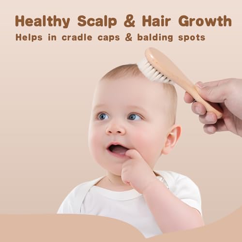 SAMEBUTECO Baby Hair Brush Set,3 in1 Kit,1 Pack Goat Hair Bristles Brush 2 Pieces Silicone Cradle Cap Brushes Wood Handle Newborn Brush for Newborns and Toddlers