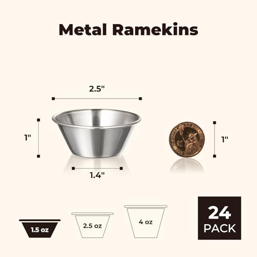 Fit Meal Prep [24 Pack 1.5 oz Stainless Steel Dipping Sauce Cups, Reusable Metal Ramekins, Commercial Grade Condiment Bowls, Individual Portion Cups, Small Round Au Jus Cup for Home, Restaurant - size: 1.5 oz