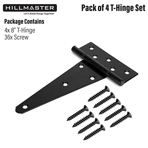 HILLMASTER 8 Inch T-Strap Heavy Duty Shed Door Hinges Gate Strap Hinges Black Tee Hinge Wrought Hardware for Wooden Fences,Yard,Barn Door,Rustproof (4 Pack) - size: 8in 4Pack