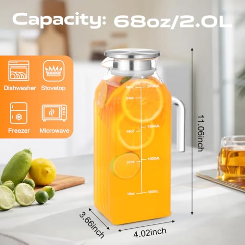Aofmee 68oz Glass Pitcher with Lid and Handle for Fridge, Clear Handle | Iced Tea Pitcher for Fridge, Borosilicate Glass Carafe, Sun Tea Jar, Dual Pour Stainless Lid, Dishwasher Safe - color: Clear Handle