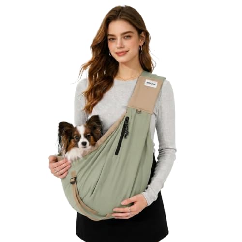 Dog Sling Carrier, Small Dog Carrier Sling for Cats & Puppies 16 lbs, Dog Carry Bag with Pockets, Light Water-Resistant Nylon, Pet Sling Carrier for Senior Pet Walks, Travel, Crowds, Home(Olive Green) - color: Olive Green