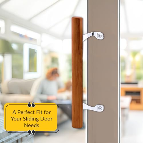 Brixwell Patio Door Handle with Brackets, Chrome Finish with Wood Grip, 6-5/8" Center-to-Center, Easy Installation Residential and Commercial Use, Replacement or New