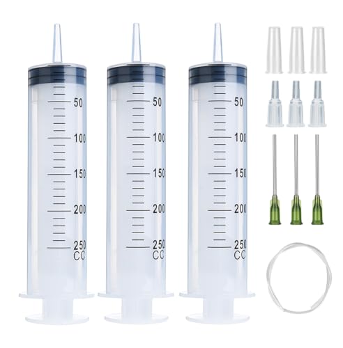 3 Pack 250ml Syringes with 55.1” Tube and Needle 14G 1.5”, Sterile Syringe with Cap Individually Packaged for Scientific Labs, Measuring, Watering, Refilling - style: 250ml