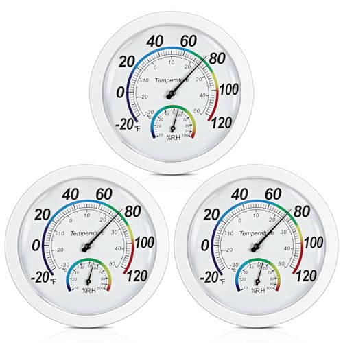 Weewooday 3 Pcs Indoor Outdoor 2 in 1 Mini Thermometer White,6 Inch | Analog Dial for Home Office Greenhouse Basement, Temp Humidity Combo Meter, No Battery Mechanical Design, Easy Wall Hanging - color: White, size: 6 Inch