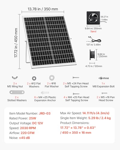 VEVOR Solar Powered Fan, 25W Solar Panel with 220 CFM Airflow, Adjustable Panel Angle, 2030 RPM High-Speed, Flexible Install, Fast Air Exchange for Greenhouse, Grow Tents, Chicken Coops, Shelters - size: 9.8" Fan×1 -25W