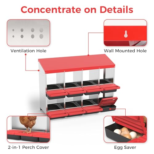 8-Compartment Chicken Nesting Box, Heavy Duty Galvanized Steel Poultry Nest Box, Wall Mount/Freestanding Design for Hens, Ducks, Backyard Homesteads & Farm Use, Red, with Soft Mats, No Stand - color: Red, size: 8 Room&Mat Board