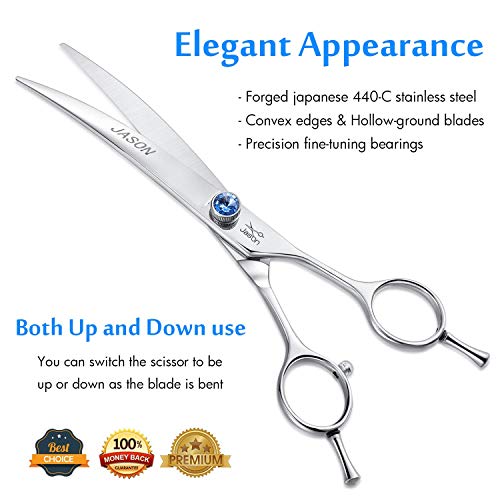 JASON Curved Dog Grooming Scissors - 7" Cats Trimming Shears Right Handed | Ergonomic Pets Shear with Offset Handle and a Jewelled Screw for Right Handed Groomers, Sharp, Comfortable, Gift - size: 7.0", style: Curved