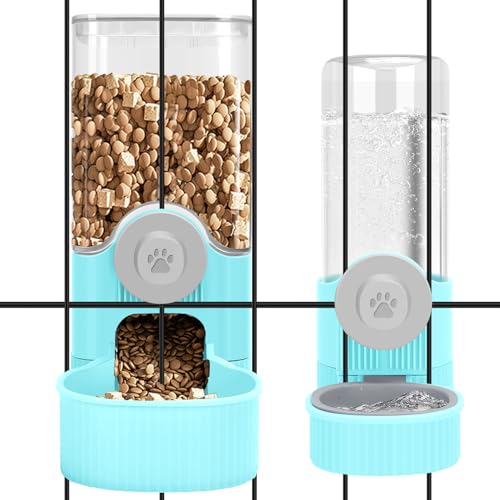 Hanging Cage Auto Small Pet Feeder Waterer Set for Puppy Cats, Blue | 1.2L Self-Feeding Feeder, 0.52L Waterer Set, Non-Spill Auto Gravity Kennel Feeding Station For Puppy Cats Rabbit Ferret - color: Sky Blue