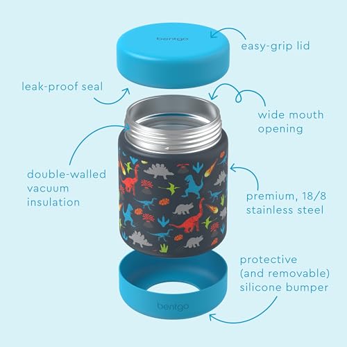 Bentgo Kids Stainless Steel Leak-Proof Food Jar for Hot or Cold Food | 11 fl oz Double Insulated Container with Removable Silicone Bumper, Dishwasher Safe, Easy Open Lid, Ages 3+ (Dinosaur)) - color: Dinosaur