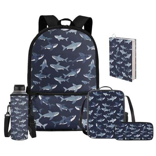 Upetstory 5 pcs/set Shark School Bag Girls Backpack and Lunch Box Pencil Case Boys Schoolbag Elementary Bookbag Kindergarten Preschool Water Bottle Sleev Book Cover Back to School Gift - color: Cool Shark