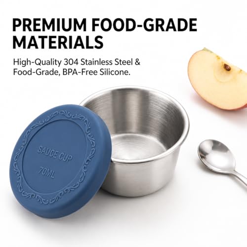6pcs 2.4oz Stainless Steel Condiment Cups with Leak-Proof Lids - Perfect for salads, dips, and sauces. Portable design ideal for picnics, travel, and meal prep. Reusable & easy to clean - size: 2.4ounce