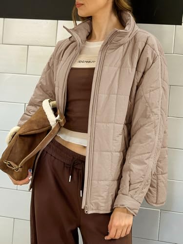 GeGekoko Women's Lightweight Oversized Long Sleeve Zip Water Resistant Packable Puffer Jacket Warm Short Winter Coat - color: Khaki, size: X-Large