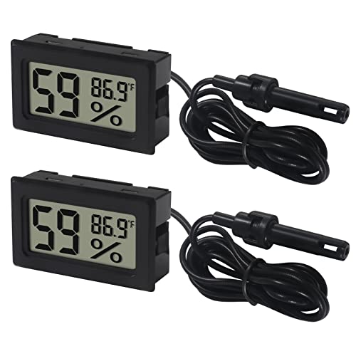 2 Pack Mini Digital Thermometer Hygrometer with Probe Indoor Temperature Humidity Meter Gauge LCD Fahrenheit Display Hygrometer Thermometer Gauge for Incubator, Humidor,Greenhouse - color: 2PCS Black