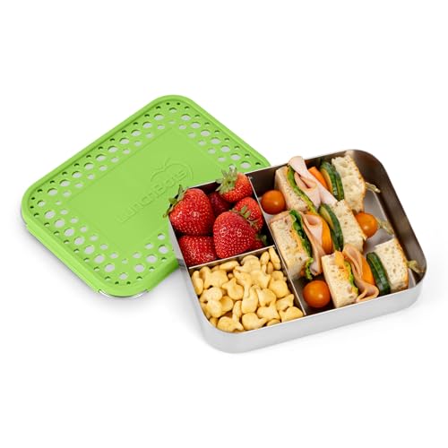 LunchBots Medium Trio Stainless Steel Kids Bento Box 3-Section Green 32oz - color: Green, size: 3 Section