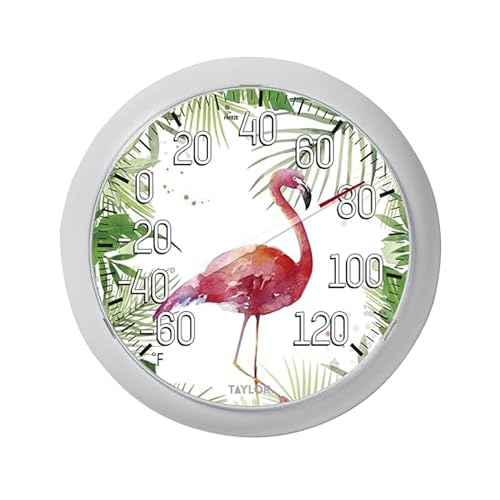 Taylor Flamingo Indoor Outdoor Dial Thermometer, Wireless Thermometer with Easy to Read Wall Decor for Patio, Pool, Yard, Garden or Garage, 8.5 Inch, White Bezel - size: 8.5-in