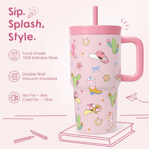 SANDJEST Cowgirl Stainless Steel Tumbler 20oz with Handle and Silicone Straw Locking Lid for Kids Girls, Birthday Christmas Back to School - color: Cowgirl
