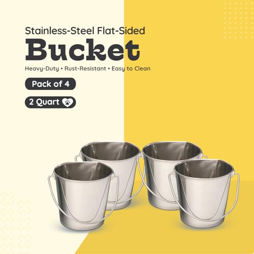 Flat Side Stainless Steel Bucket 2 Quart Hanging Feeding Utility Pail for Small Dog Cat Birds, Fits Kennel Cage Compatible, Heavy Duty Food & Water Feeder, 0.5 Gallon Silver Bucket 4 Pack - size: 2 Quart (Pack of 4)