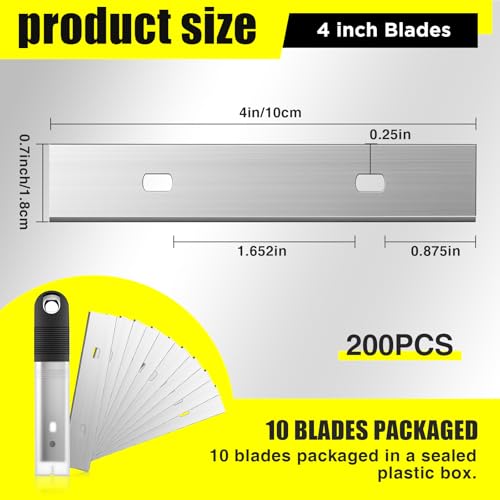 Hicarer 200 Pcs 4" Floor Scrapers Blade Replacements, Angled Demolition Scraper Blades Replacement Carbon Steel for Efficient Flooring Removal Razors Compatible with Razor Blade Scraper - size: 4 Inch