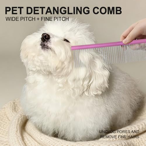 HOP Purple Large Pet Stainless Steel Comb for Dogs&Cats 7.44in/18.9cm | 2-in-1 Fine&Wide Tooth,Dematting Com for Dogs&Cats,Flea Comb,Pet Grooming Tool,Remove Loose Hair Knots Tangles Dirt