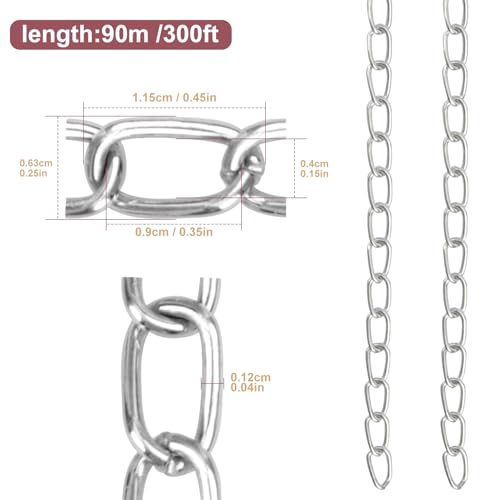 300 ft Galvanized Jack Chain, Light Duty Coil Chain, Metal Hanging Chains Spool for Bird Feeders, Flowerpots, Artworks & DIY Projects (1.4 mm Thick, 22 pounds Capacity) - size: 300 ft 1.4 mm