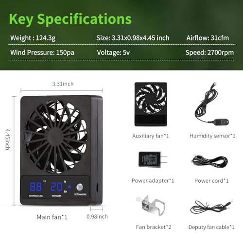 2 PCS Reptile Ventilation Fan with Thermo-Hygrometer | Air Circulation Fan for Terrariums, Enclosures & Aquariums | Quiet Cooling & Ventilation System