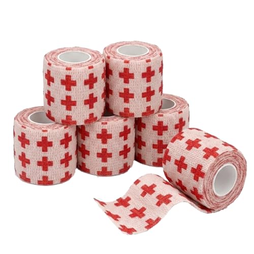 6 Pack Self Adhesive Bandage Wrap,Vet Wraps,2" X 5 Yards Elastic Cohesive Bandage Wraps,Beige Red - color: Beige Red, size: 2IN - 6Pack