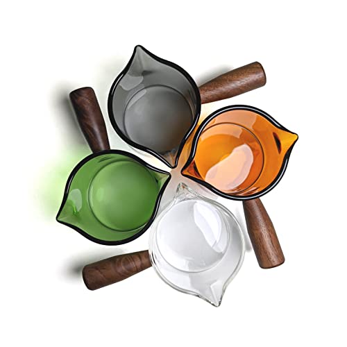 Handmade Espresso Shot Glass Double Spouts 3.5oz with American Walnut Handle, Espresso Measuring Cup, Double Spout Glass Measuring Cup, Milk Frothing Pitcher - color: Clear