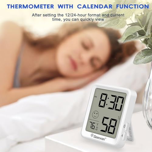 Geevon 4Pack Mini Indoor Thermometer Hygrometer with Comfort Indicator, Room Temperature & Humidity Monitor with Time Display, °C/°F & 12/24H - size: 4 pack, style: 256360