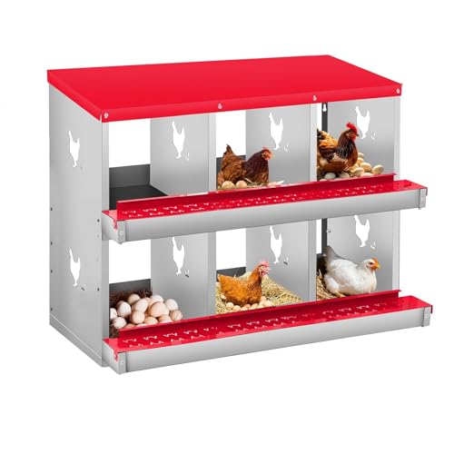 6-Compartment Chicken Nesting Box, Heavy Duty Galvanized Steel Poultry Nest Box, Wall Mount/Freestanding Design for Hens, Ducks, Backyard Homesteads & Farm Use, Red, 10 Mats &4 Eggs, No Stand - color: Red, size: 6 Room&Mat eggs