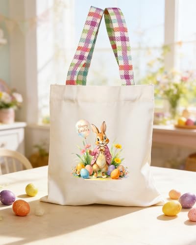 Easter Basket Bunny Canvas Tote Bag, 12.2x11 Inches, Natural Canvas, Hand-Carry, for Gift and Easter Egg Collection - color: B-pink
