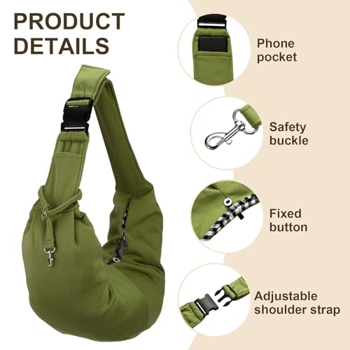 Dog Sling Carrier for Small Dogs and Cats Up to 16.5 Lbs, Adjustable Buckle with Pocket Pet Sling Carrier Safety Harness, (Dark Green, 1 Pcs) Intended for Outdoor/Camp/Travel - color: Dark Green