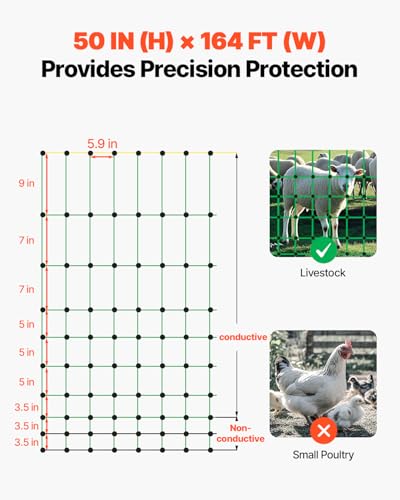 VEVOR Electric Fence Netting, 50" H x 164' L, Livestock Net Fencing with Posts & Stakes, Portable Mesh Nets for Goats, Sheep, Deer, Hogs, Dogs, Electric Fencing for Backyards, Gardens, Farms, Ranches - size: 50in x 164ft, style: Livestock
