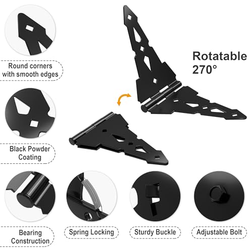 8" Heavy Duty Decorative Strap Hinges and Spring Loaded Latch Kit with Screws for Outdoor Fence Swing Gate Black Finish，Wood Gate Hardware Set，with Handle (1, Black)