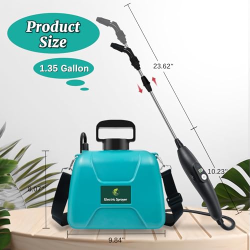 1.35 Gallon Battery Powered Sprayer, Electric Pump Sprayer in Lawn & Garden | USB Rechargeable Handle, 3 Mist Nozzles, Retractable Wand, Yard Sprayers with Adjustable Shoulder Strap for Yard, Garden - color: Blue-green, size: 1.35 Gallon