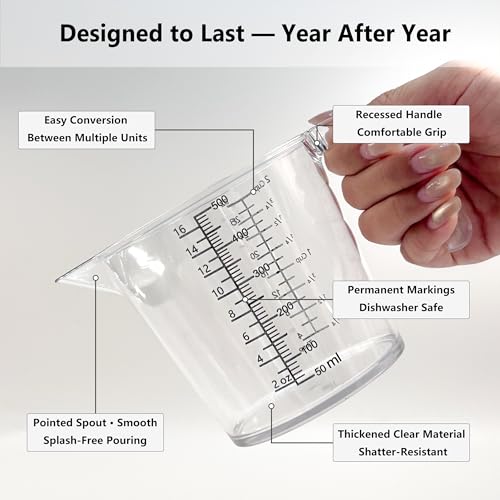 Laser-Etched Measuring Cup Set, 16 oz & 1 Cup Clear Plastic Liquid Measuring Cups, Permanent oz/cup/Tbsp/mL Markings, Food-Grade for Baking & Cooking - size: 16 fl oz & 8 fl oz