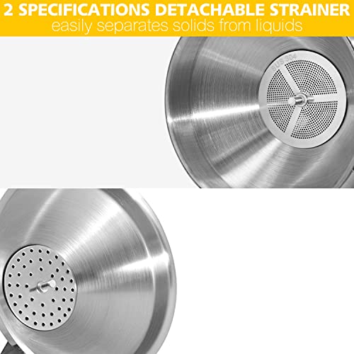 Anaeat 3 Pack Stainless Steel Kitchen Funnel Set, Multi-Use Premium Metal Food Grade Cooking Funnels with 2 Removable Strainer Filter for Transferring Liquid or Dry Ingredients & 1 Pc Cleaning Brush