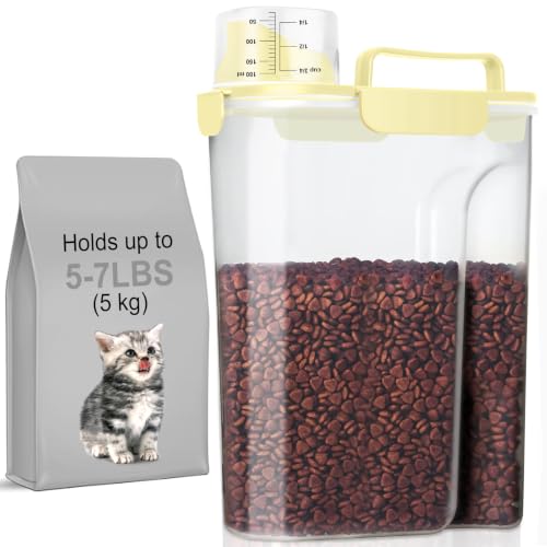 LEAWALK 5-7Lbs Cat Dog Storage Container, Portable Pet Food Containers with Upgraded Large Spout and Cup, Small Animal Kibble Dispenser for Bird Seed, Oatmeal, Rice, Flour, Brown Sugart-Light Yellow - color: Light Yellow, size: 5L-1pack