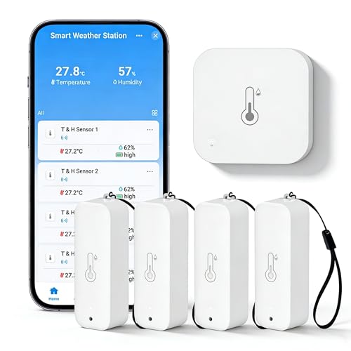 WiFi Hygrometer Thermometer Indoor Outdoor: Smart Temperature and Humidity Sensor with App Notification and Data Storage, 150m Range, Compatible with Alexa, 4 Sensors +1 Base Station - color: 1Base Station+4 Sensors