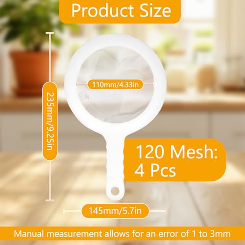 4 Pack Ultra-Fine Nylon Mesh Strainer, Kitchen Colander with Plastic Non-Slip Handle for Filtering Juice, Milk, Soy, Coffee, Honey, Wine, Yogurt (120 Mesh) - size: 120 Mesh-4pcs