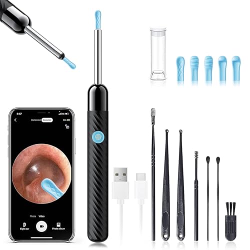 LEIPUT Ear Wax Removal - Earwax Remover Tool with 8 Pcs Ear Set - Ear Canal Cleaner with 1080P Camera - FSA HSA Eligible - Ear Cleaning Kit with 6 Ear Spoon - Ear Camera for iOS & Android (Black) - color: Black