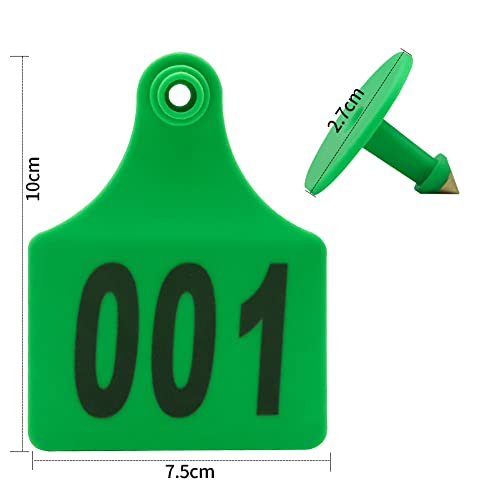 100PCS Cattle Ear Tags 001-100 Numbered Plastic Farm Identification | 4.1x3 Inch Oversize Tags for Cattle Cows Goats Sheep Pigs Hog Calf, Laser Printed Herd Management (001-100, Green) - color: Green