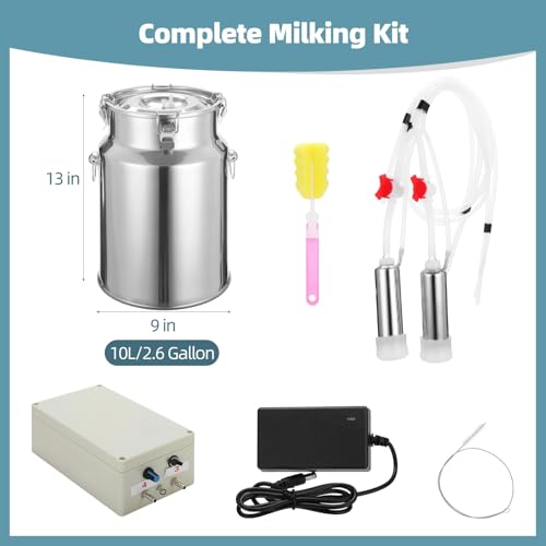 2 in1 Goat and Cows Milking Machine, 10L/2.6 Gallon Electric Milker Machine, Portable Rechargeable Cow Milker Machine with Vacuum Pump and Stainless Steel Bucket & Cleaning Brush