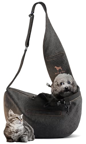 Noah & Paw Dog Sling Carrier for Small Dogs 3-10lb, Dog Sling for Small Dogs and Cats, Dog Carrier with Adjustable Padded Strap, Vegan Denim Lined with Fur, 3X Safety Features, Machine Washable - color: Black, size: 15.0"L x 6.0"W x 5.5"H