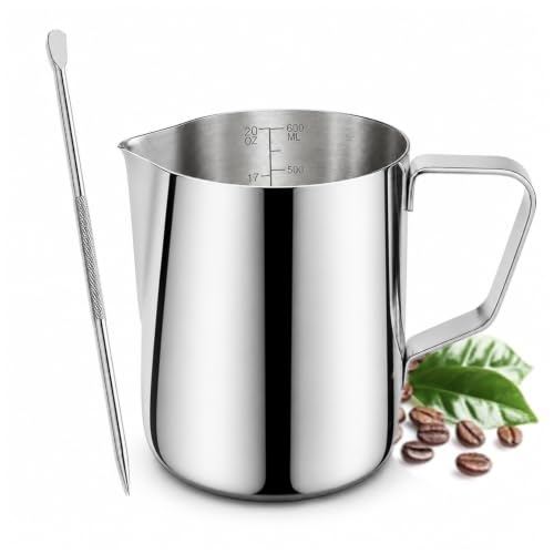 Milk Frothing Pitcher 20oz Standard 304 Stainless Steel Espresso Accessory | Dual inner outer scale marks, fits home barista latte art making & small café coffee milk frothing use - size: 20OZ