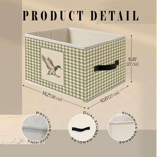 Mallard Duck Canvas Fabric Foldable Storage Bin Basket with Handles | Green Plaid Wild Duck Basket Bin for Kids Playroom Nursery Clothes Toys,Canvas Laundry Room Organization - color: Green Flying Mallard Duck