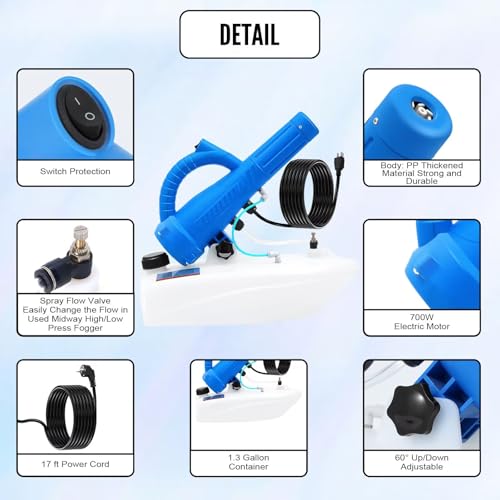 5L(1.3 Gallon) Tank, Portable Electric ULV Cold Fogger 700W Adjustable Flow Fine Mist Sprayer with Long 17ft Power Cord for Home, Garden, Cleaning,
